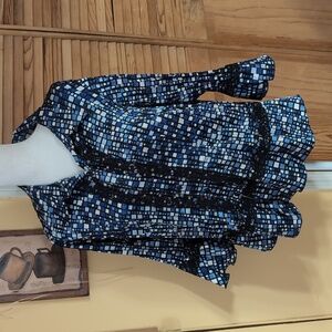 Studio 1940 Blue and Black Mosaic Patterned Pleated Blouse Sequins & Lace 14 16